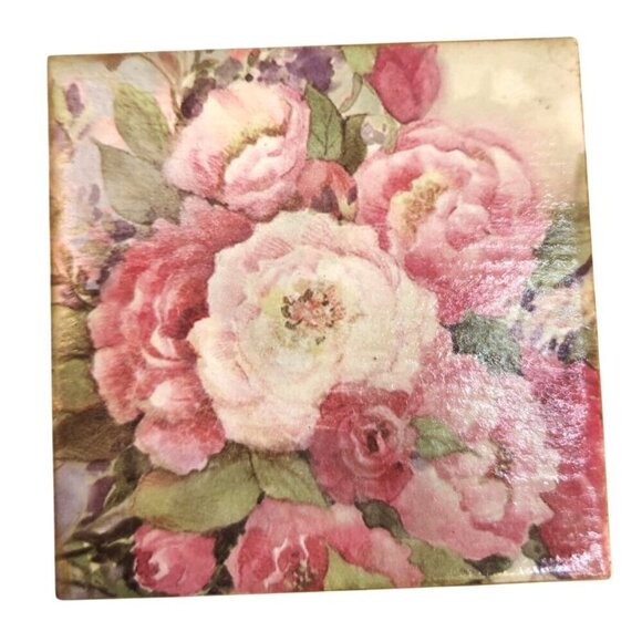 Handcrafted Pink Garden Rose Floral Ceramic Coasters With Cork Backing set of 2, - Picture 5 of 6